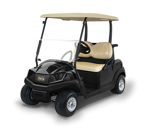 Front angle view on black Tempo golf cart with beige seats and canopy